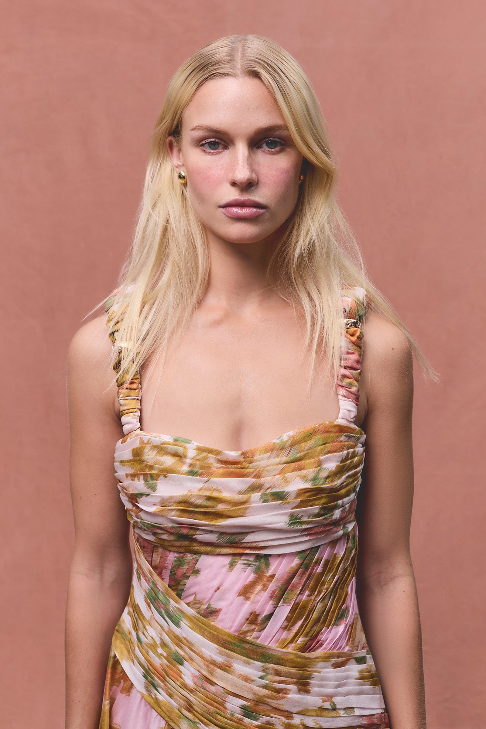 PEACH DREAM RUCHED STRAP GOWN