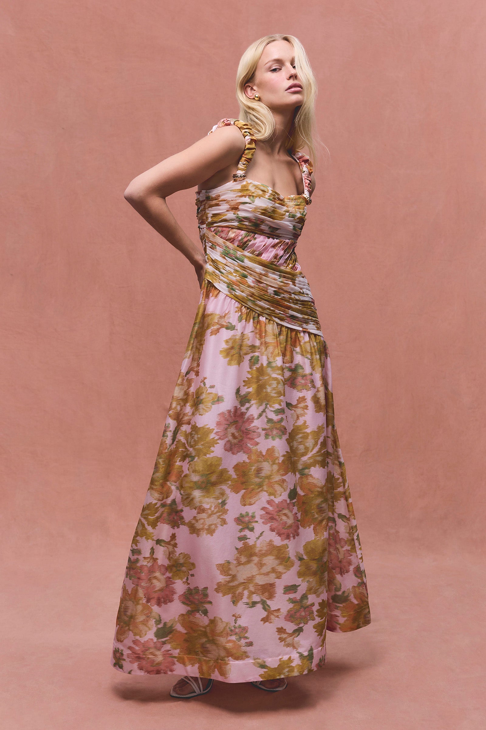 PEACH DREAM RUCHED STRAP GOWN