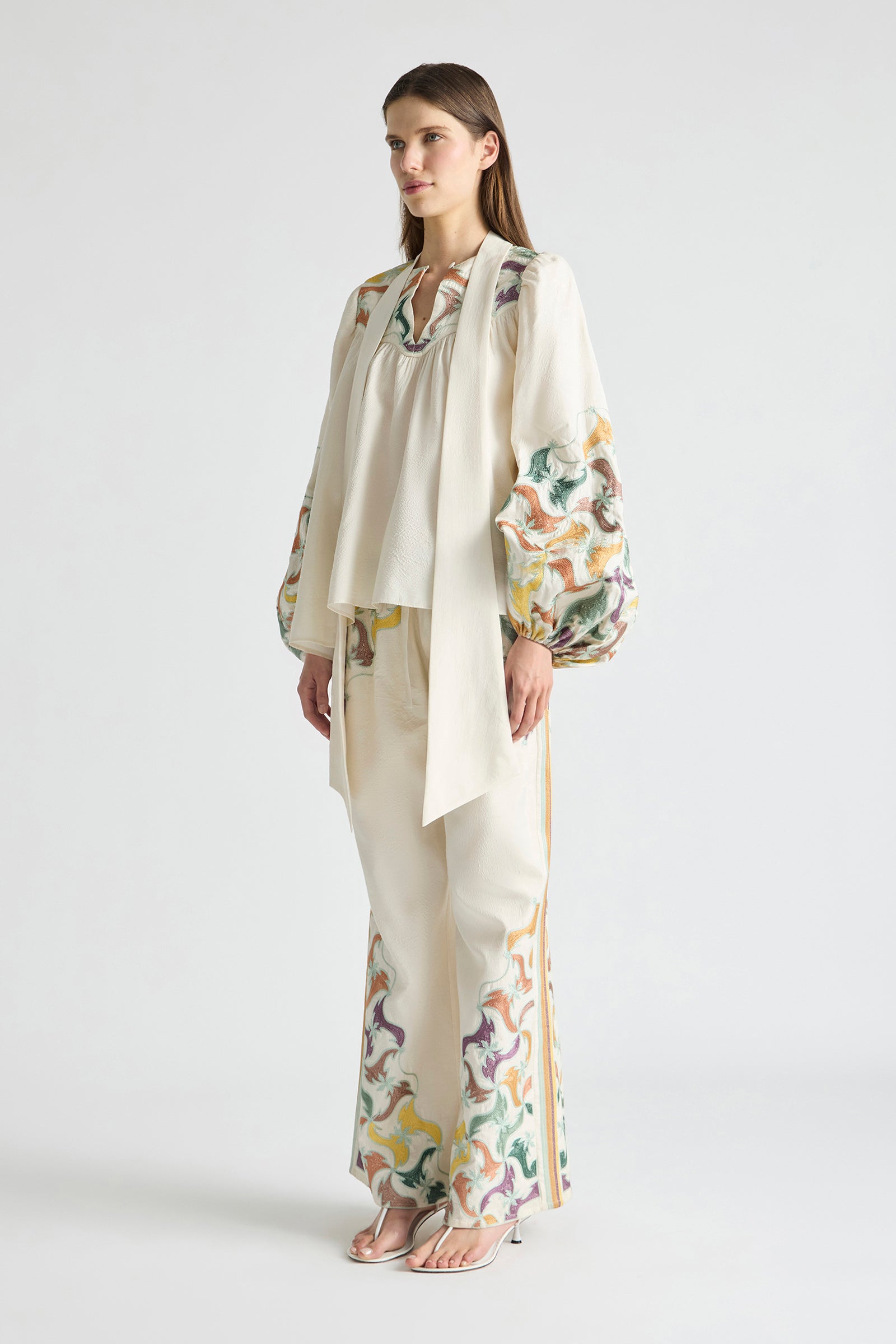 FRAMED HIGH NECK TIE BILLOW BLOUSE