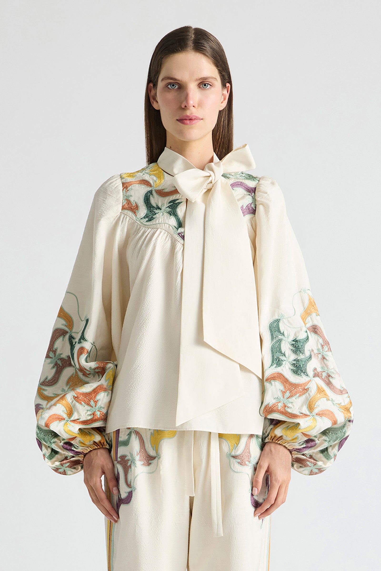 FRAMED HIGH NECK TIE BILLOW BLOUSE