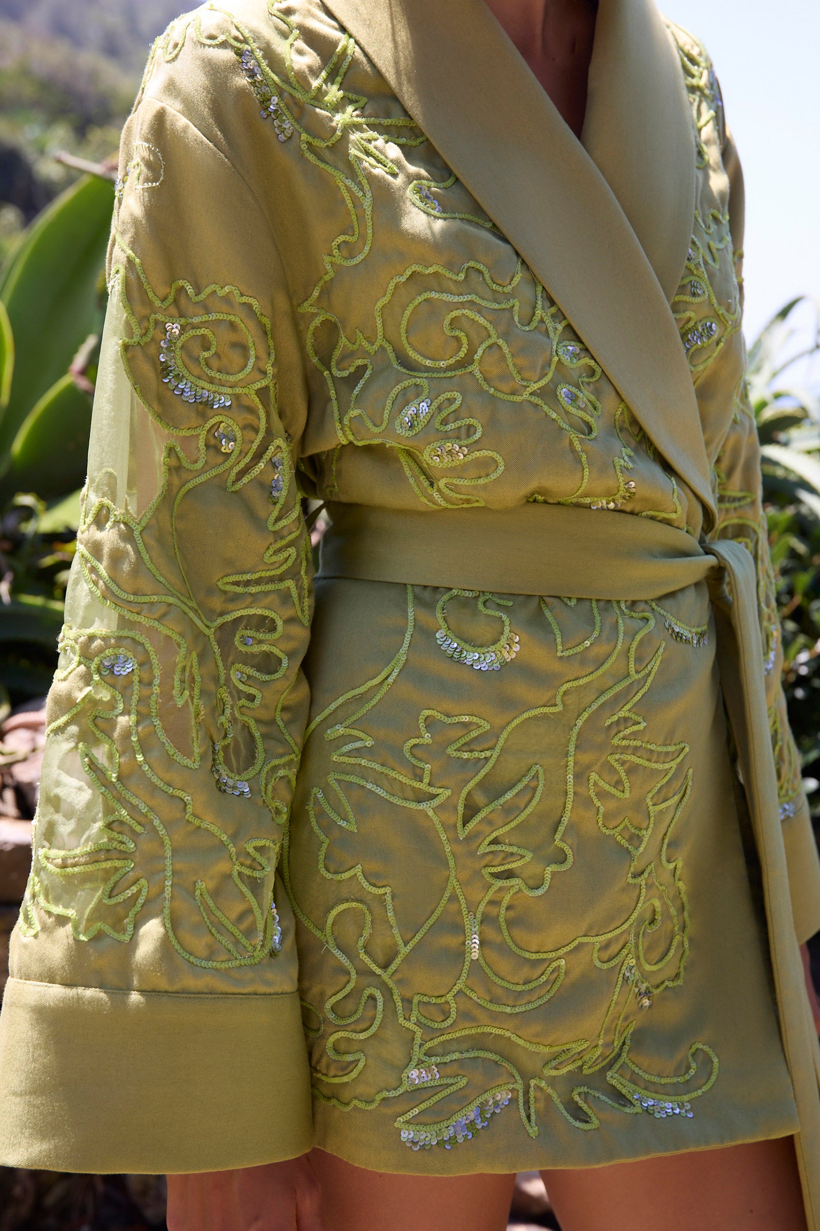 green embroidered robe with a belt against a blurred natural background