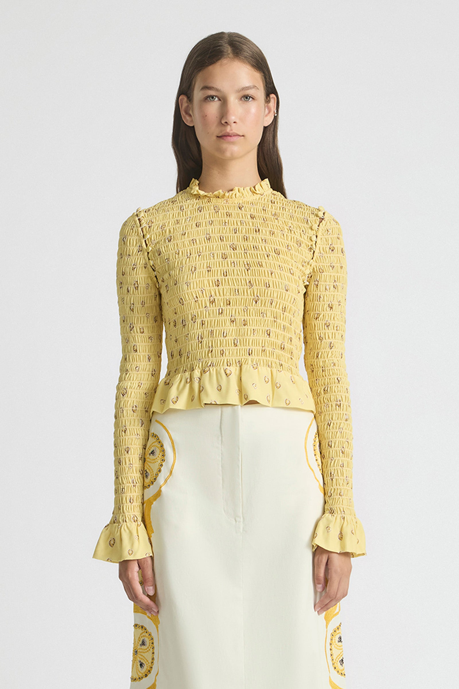 AURA SHIRRED LONG-SLEEVE TOP