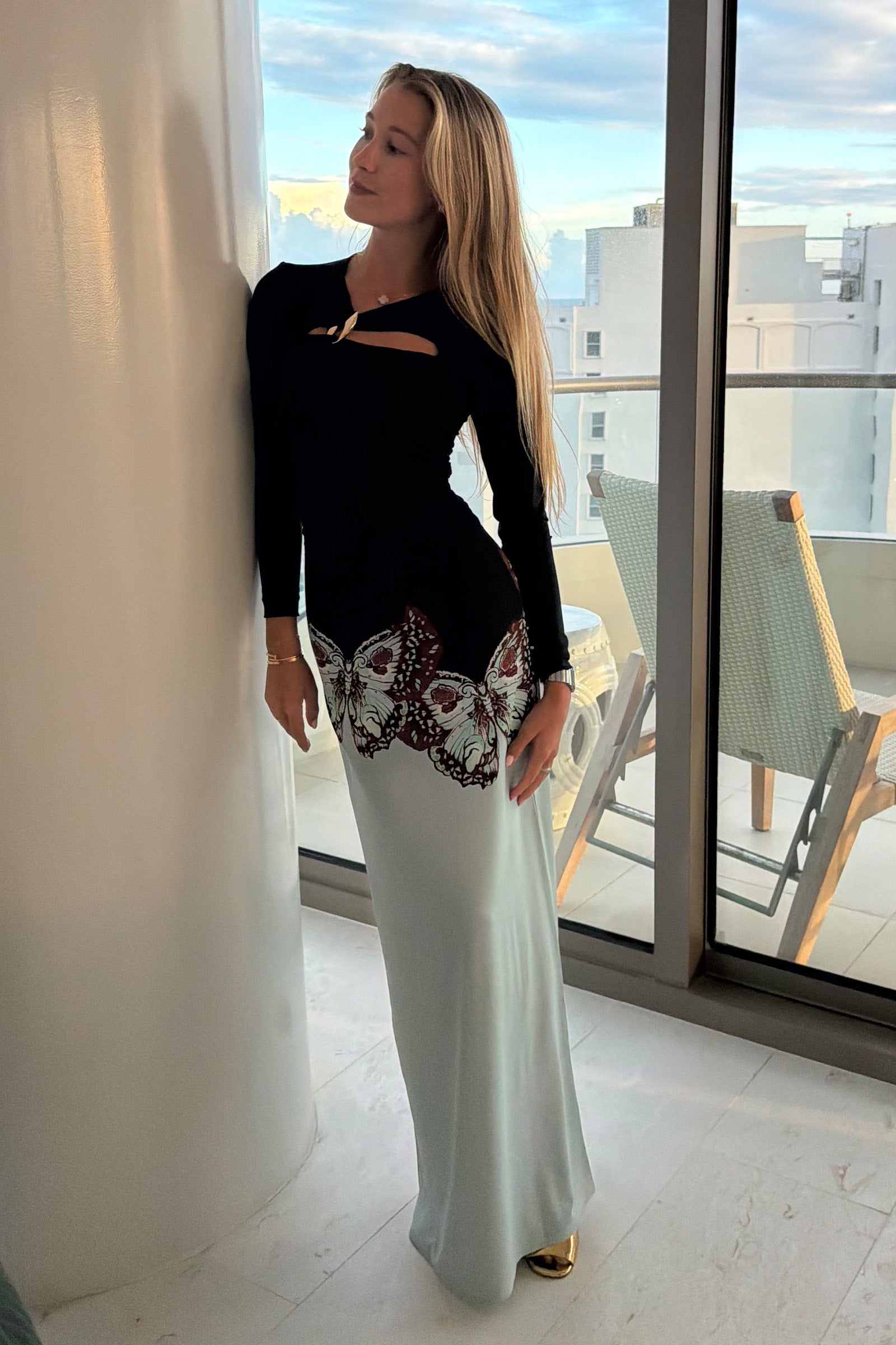BUTTERFLY EFFECT SLIM LONG SLEEVE JERSEY DRESS