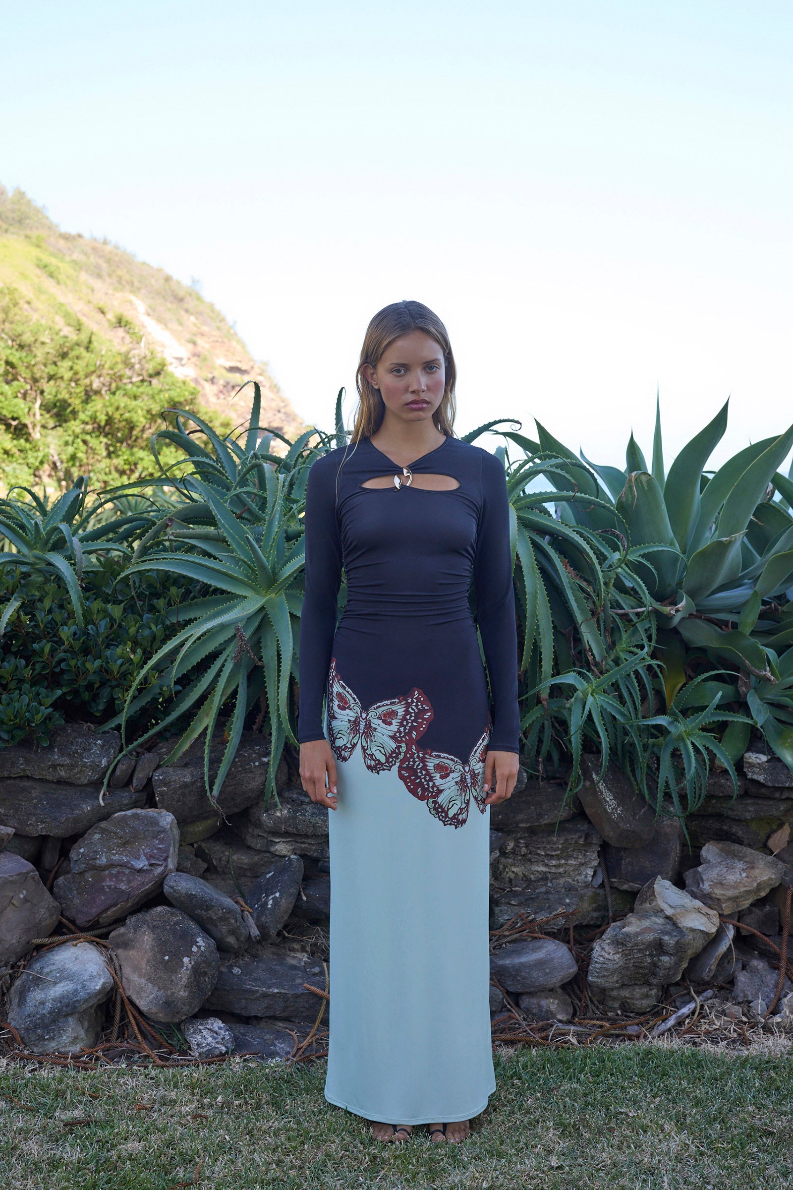BUTTERFLY EFFECT SLIM LONG SLEEVE JERSEY DRESS