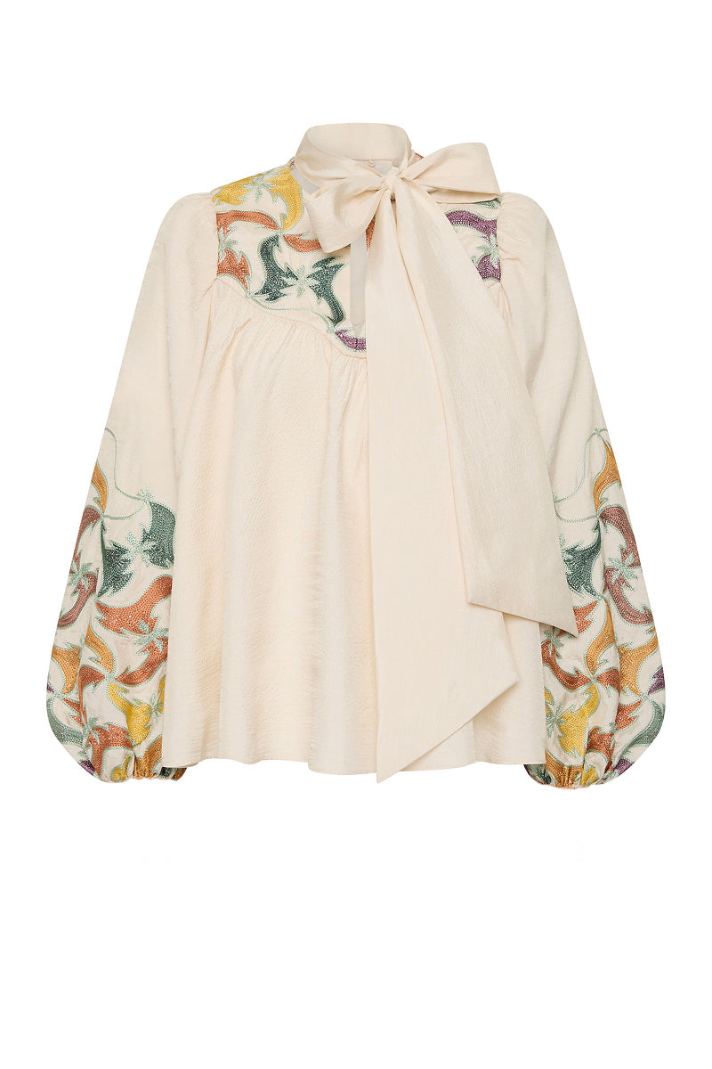 FRAMED HIGH NECK TIE BILLOW BLOUSE