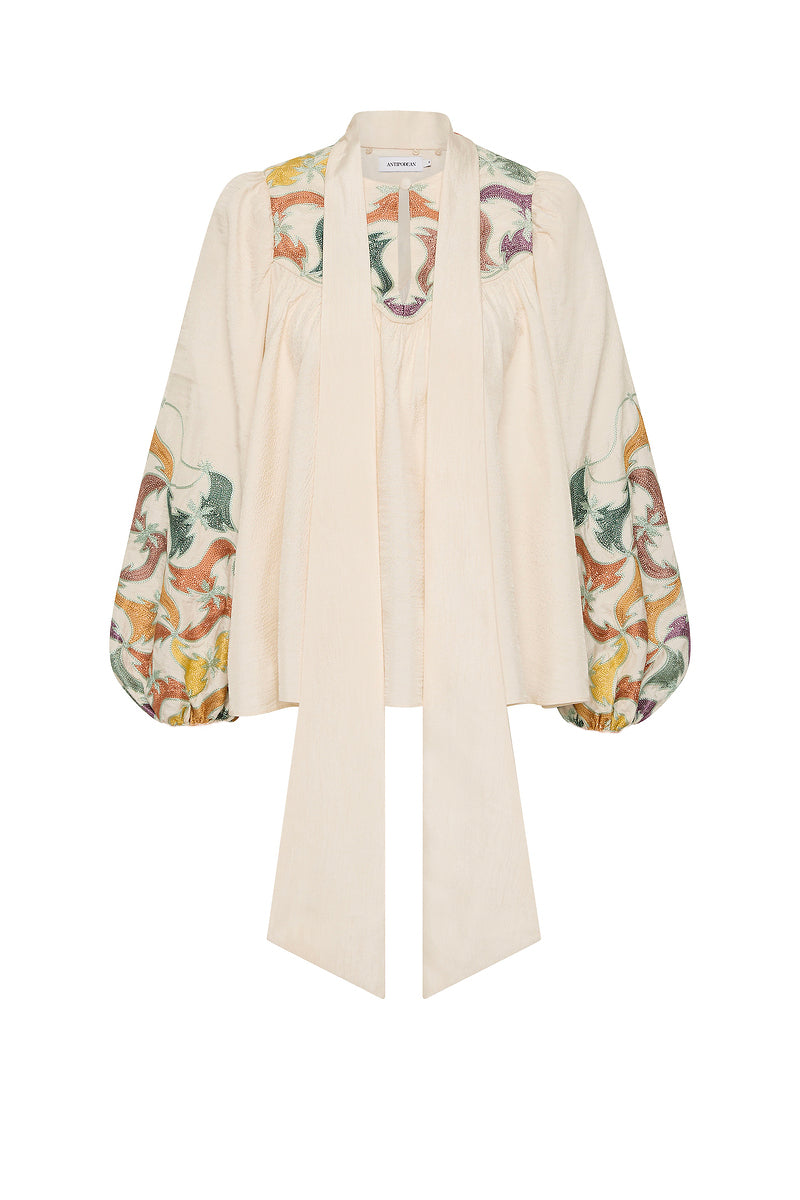 FRAMED HIGH NECK TIE BILLOW BLOUSE