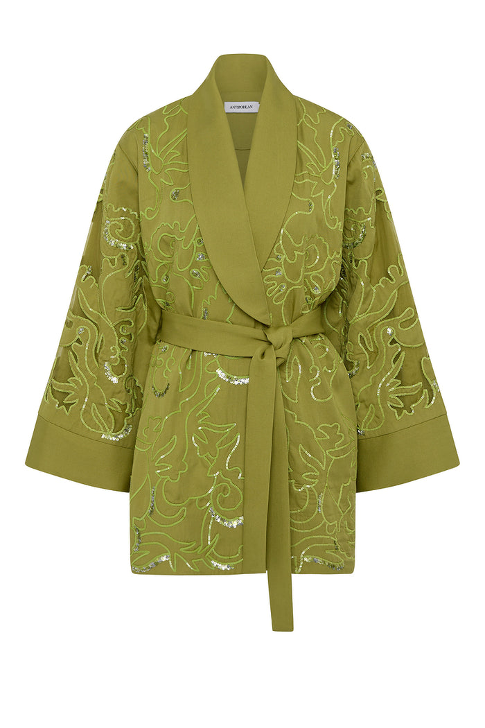 Green embroidered robe on a white background