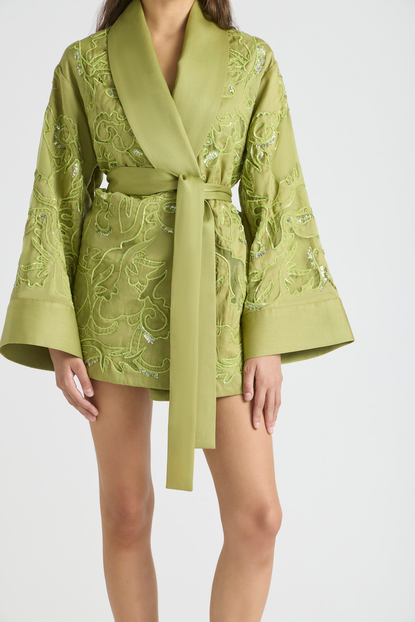 Green embroidered robe on a white background
